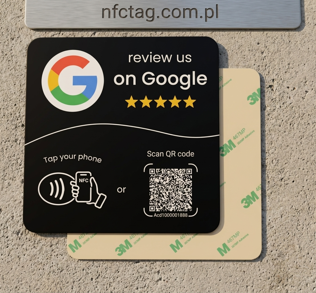 Schwarzes NTAG215 Kunststoffschild review us on Google mit NFC, QR-Code und Kleber auf der Rückseite