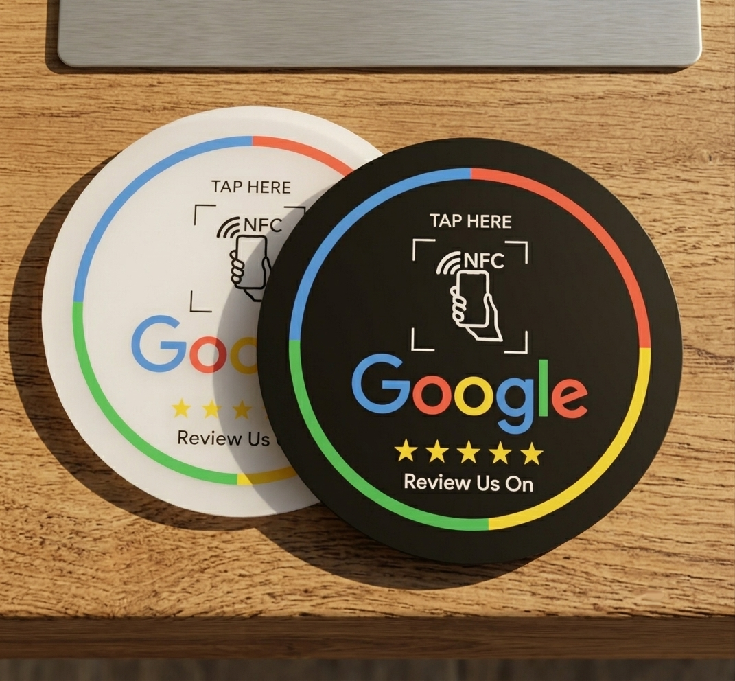 Weiße und schwarze runde NFC-Coins Tap here Google Review Us On