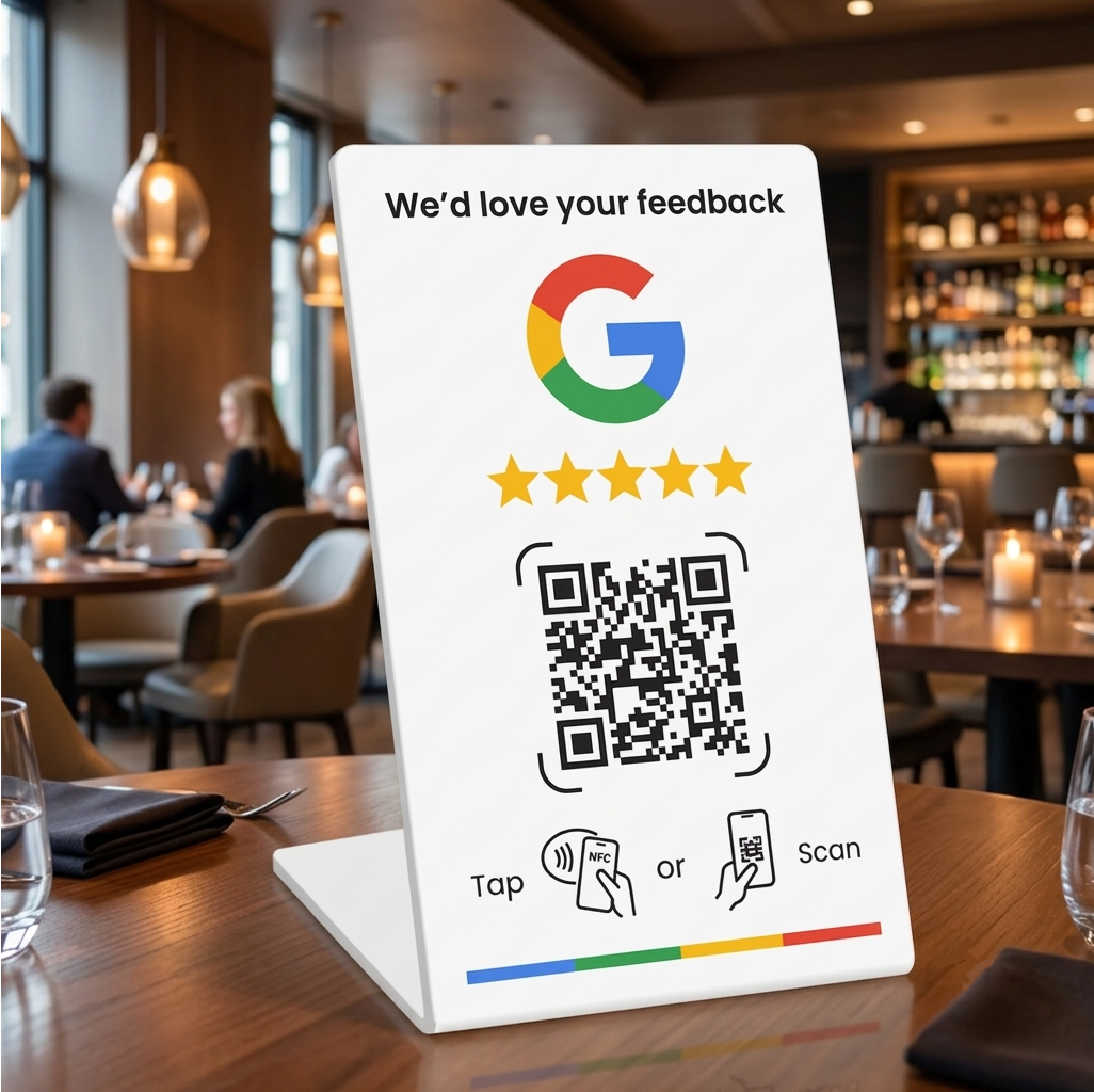Weißer Aufsteller mit QR-Code und NFC für Google-Bewertungen auf einem Restauranttisch
